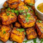 A beautifully plated dish of air-fried butternut squash, golden brown with a crispy texture, garnished with fresh herbs. Served on a white plate with a small bowl of dipping sauce on the side.