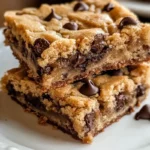 Two chocolate chip cookie bars stacked on a white plate, with a golden-brown, soft, and chewy texture, filled with melted chocolate chips.