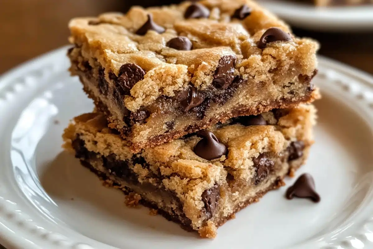 Two chocolate chip cookie bars stacked on a white plate, with a golden-brown, soft, and chewy texture, filled with melted chocolate chips.