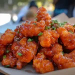 Close-up of crispy honey garlic chicken, golden brown and coated in a glossy honey garlic sauce, garnished with sesame seeds and chopped green onions. posed on atble.