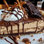 A slice of decadent peanut butter pie with a layered crust, creamy peanut butter filling, and a whipped topping. The pie is garnished with chocolate drizzle, chopped chocolate bars, pretzels, and chocolate curls, served on a white plate with.