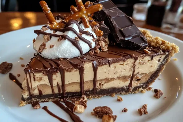A slice of decadent peanut butter pie with a layered crust, creamy peanut butter filling, and a whipped topping. The pie is garnished with chocolate drizzle, chopped chocolate bars, pretzels, and chocolate curls, served on a white plate with.