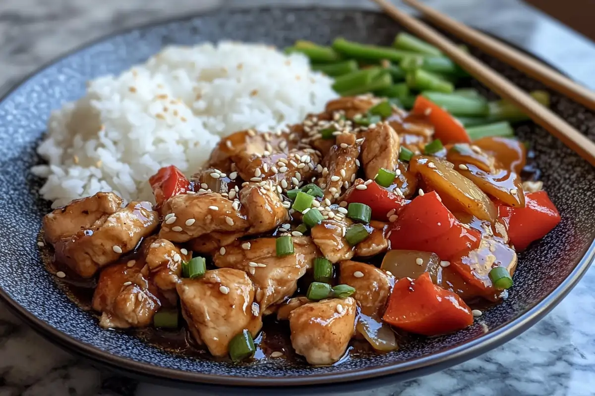 Sweet and sour chicken served with rice and vegetables.