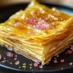 A golden, crispy layered crinkle cake drizzled with syrup and garnished with pink and clear sugar crystals, served on a black plate.
