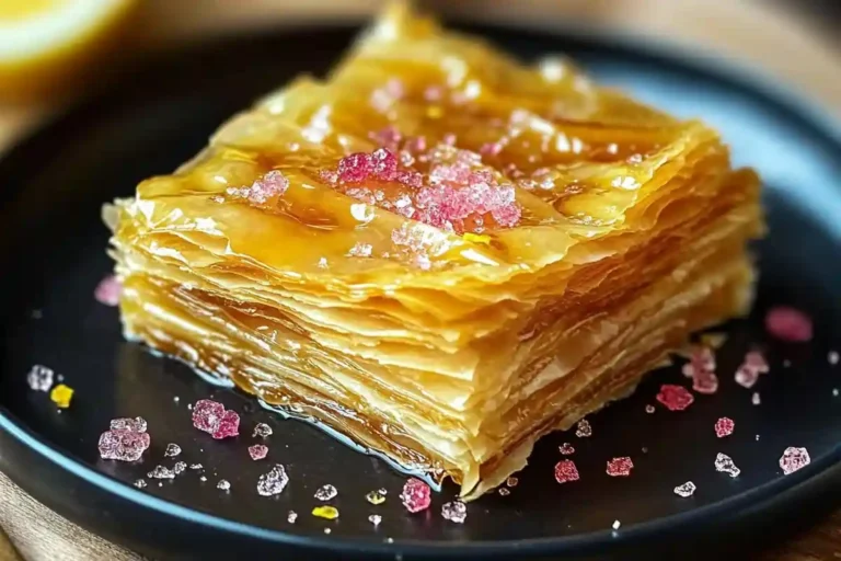A golden, crispy layered crinkle cake drizzled with syrup and garnished with pink and clear sugar crystals, served on a black plate.