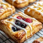 A close-up of homemade cream cheese puff pastry with fruit and cream cheese on a cooling rack. The pastries are made with golden puff pastry, filled with sweet cream cheese and fruit preserves like raspberry and blueberry, and drizzled with white icing.