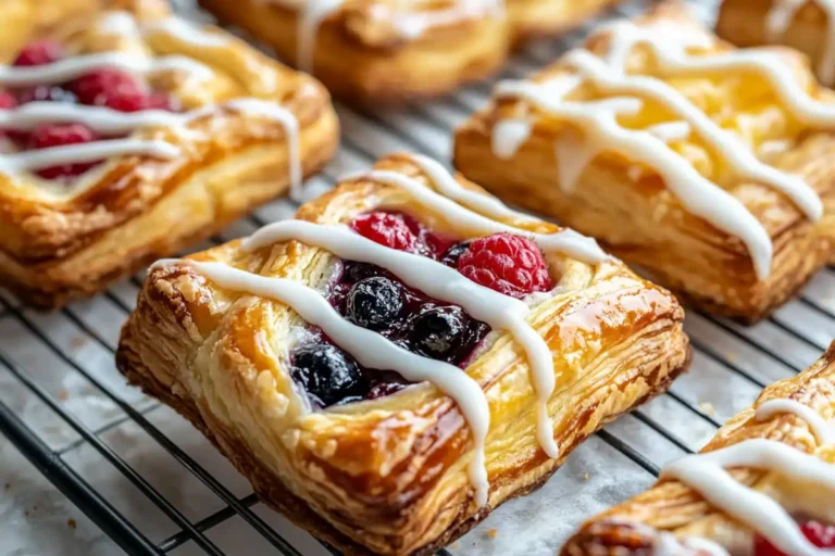 A close-up of homemade cream cheese puff pastry with fruit and cream cheese on a cooling rack. The pastries are made with golden puff pastry, filled with sweet cream cheese and fruit preserves like raspberry and blueberry, and drizzled with white icing.