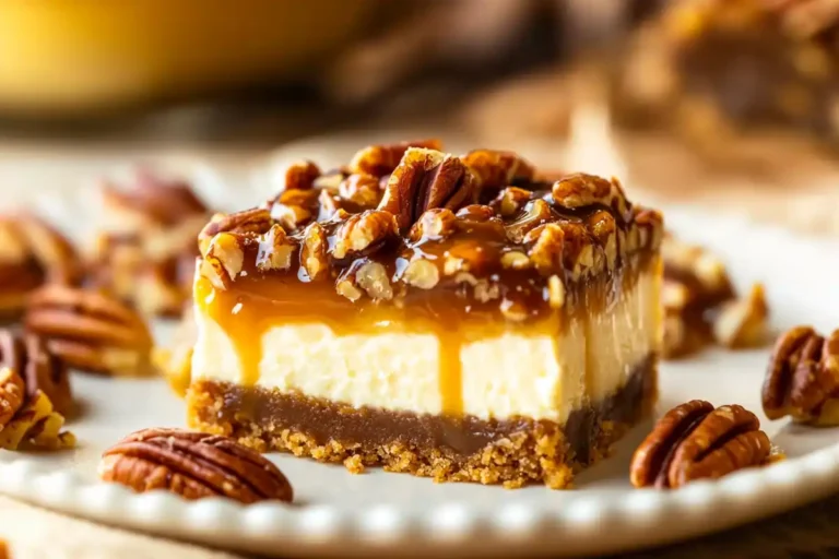A close-up of a Pecan Pie Cheesecake Bar with a graham cracker crust, creamy cheesecake filling, and caramel pecan topping.