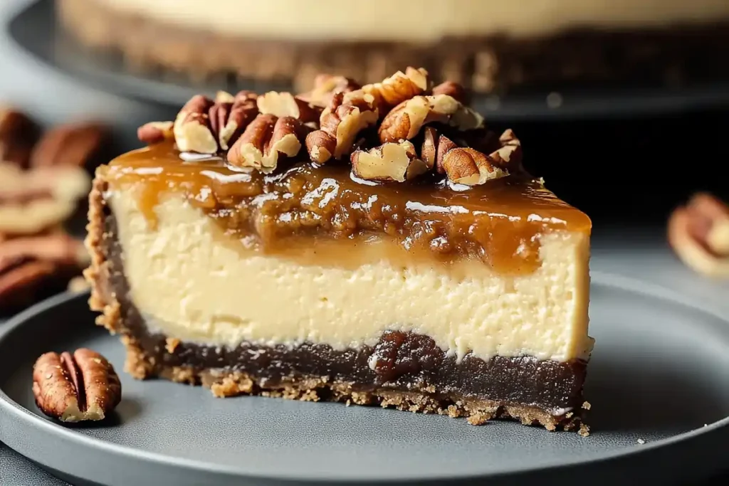 A close-up of a slice of pecan pie cheesecake on a gray plate, featuring a smooth cheesecake layer, caramelized pecan topping, and a graham cracker crust. The background includes a whole cheesecake and scattered pecans.