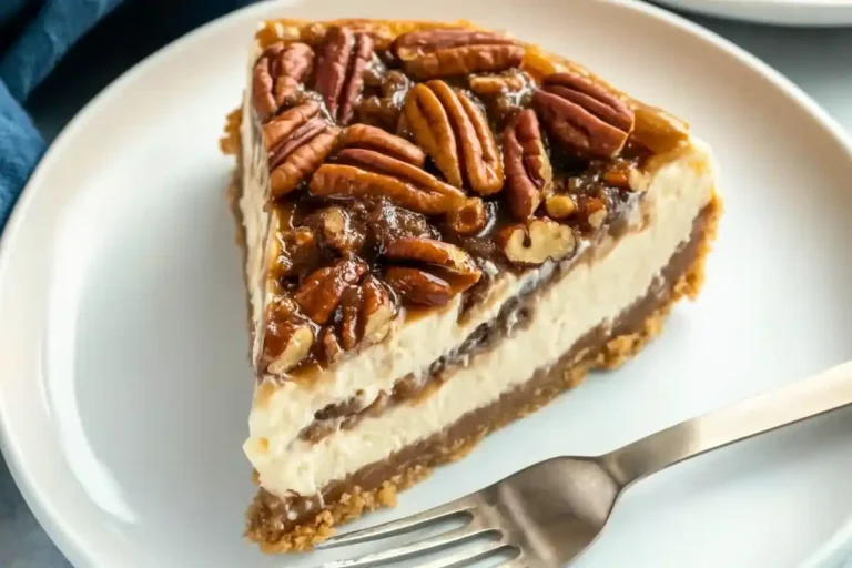 A slice of pecan pie cheesecake on a white plate, topped with caramelized pecans and a graham cracker crust. A fork is partially inserted into the cheesecake.