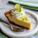 Mini Key Lime Pie Tarts topped with whipped cream and a lime slice on a green plate
