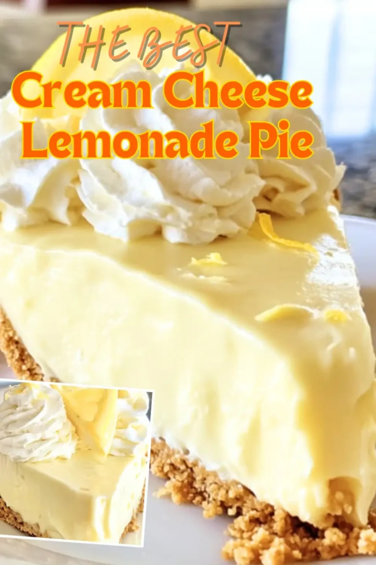A slice of creamy lemonade pie topped with whipped cream and a lemon slice, with bold text overlay reading "The Best Cream Cheese Lemonade Pie".