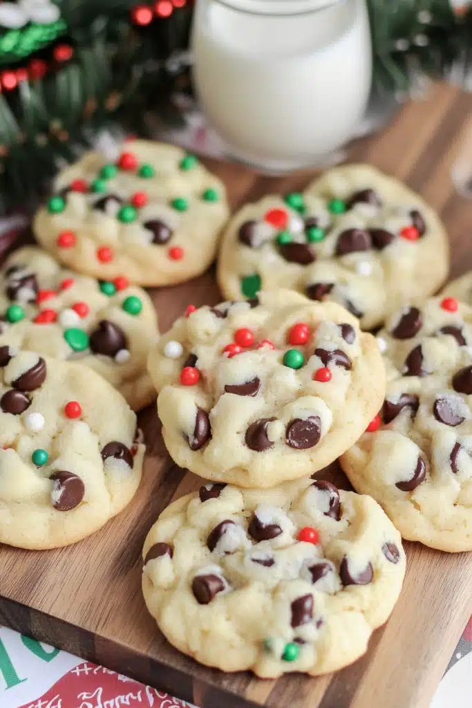 Freshly baked Cake Mix Chocolate Chip Christmas Cookies Recipe with red, green, and white sprinkles on a wooden board near a glass of milk.