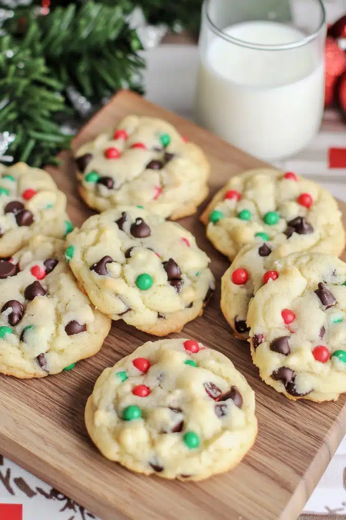 Freshly baked Cake Mix Chocolate Chip Christmas Cookies with red, green, and white sprinkles on a wooden board near a glass of milk.