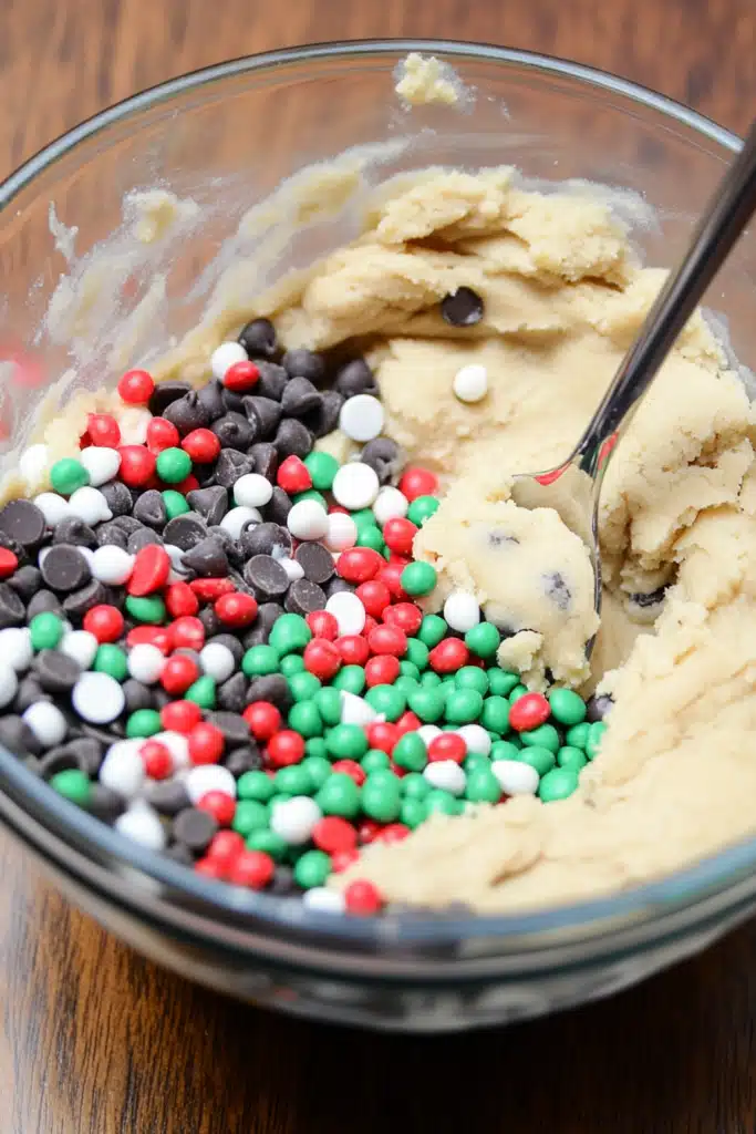 Glass bowl of cookie dough with chocolate chips and vibrant red, green, and white festive sprinkles, metal spoon.