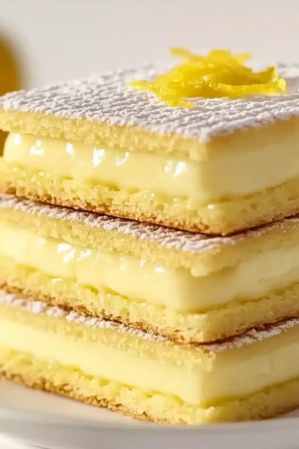 A stack of layered Lemon Crisp Custard Slice made with crisp square biscuits, topped with lemon zest.