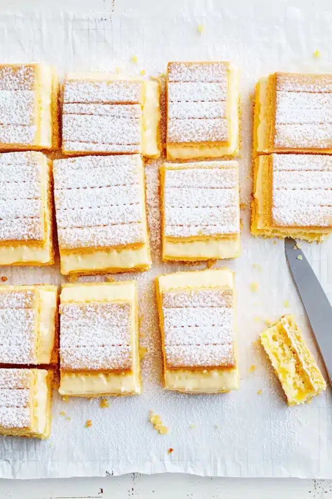 Top-down view of neatly arranged Lemon Crisp Custard Slice dusted with icing sugar, cut into even portions on a white surface with a knife beside them.