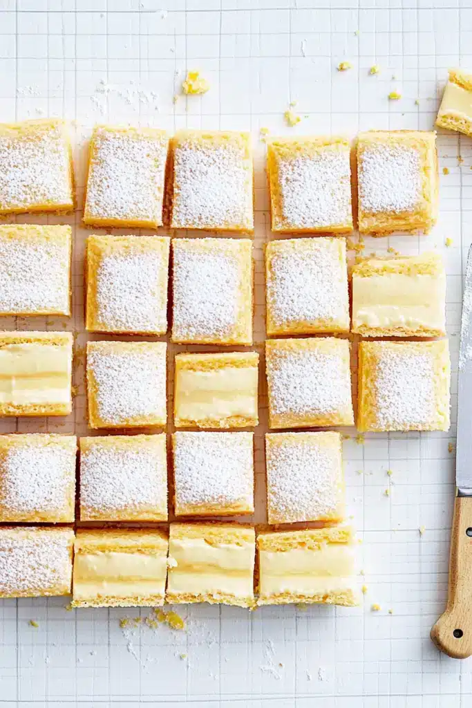 Top-down view of neatly arranged Lemon Crisp Custard Slice dusted with icing sugar, cut into even portions on a white surface with a knife beside them.