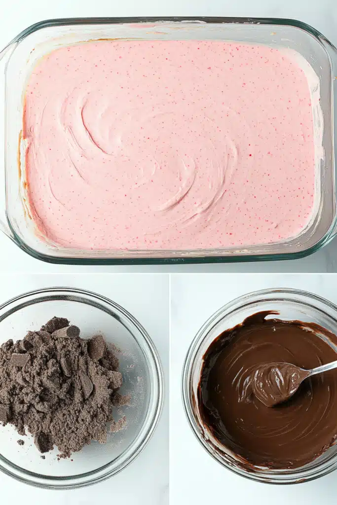 Collage showing a glass dish with pink peppermint layer, and two bowls with chocolate pudding mix and prepared pudding.