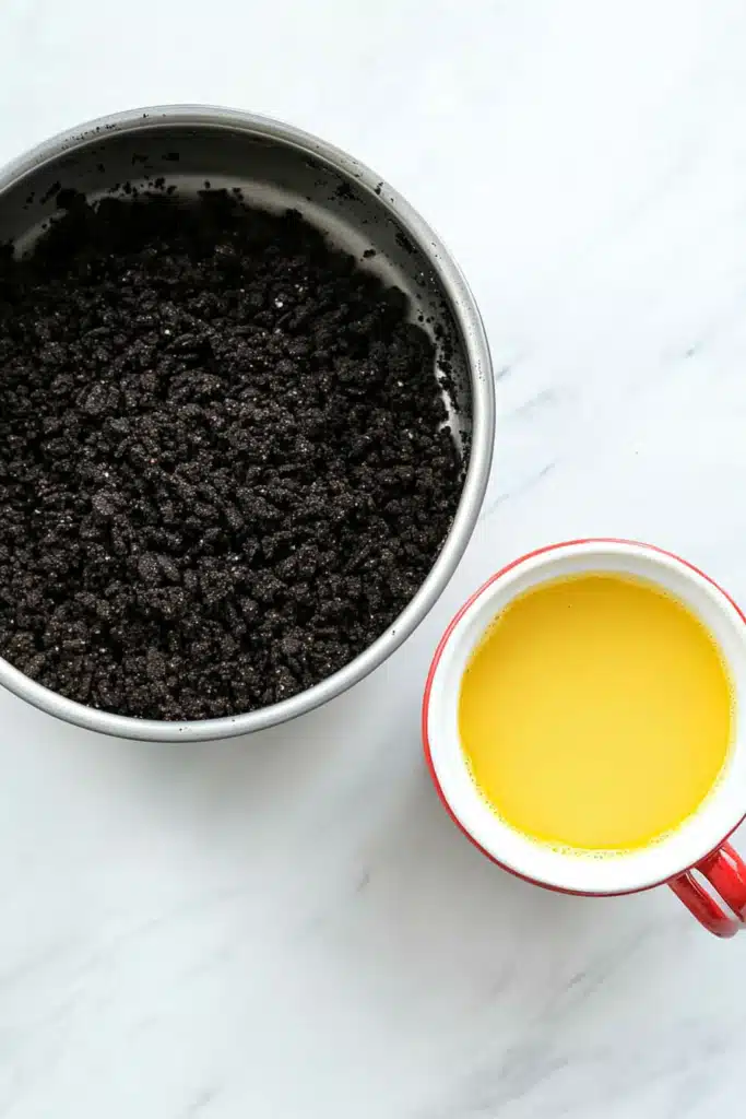 Bowl of crushed Oreo cookie crumbs and a cup of melted butter on a white marble background.