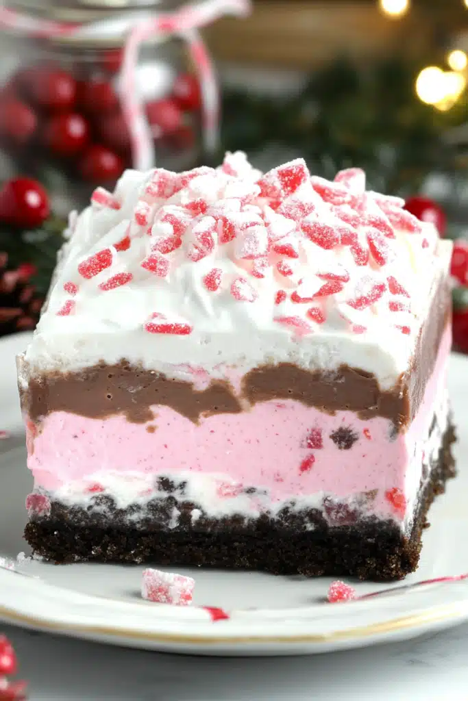 Close-up of a festive no-bake Christmas lasagna dessert slice with layers of chocolate crust, pink filling, and candy cane topping.